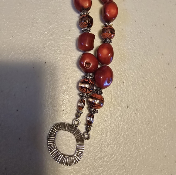 Red Coral and Marcasite Bead Bracelet - Sterling tone Silver Toggle Clasp - - Picture 6 of 7